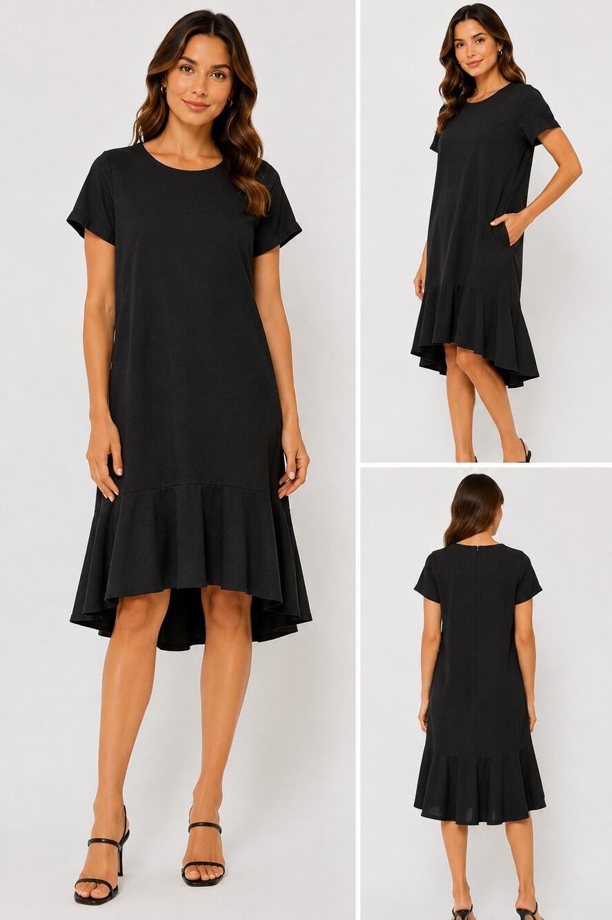 JADE Black Ruffle Hem Shift Dress Flutter Sleeve High Low Midi Made Korea M/L